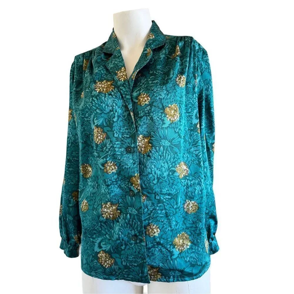 Vintage women’s emerald green silky golden bronze floral long sleeve drape blous